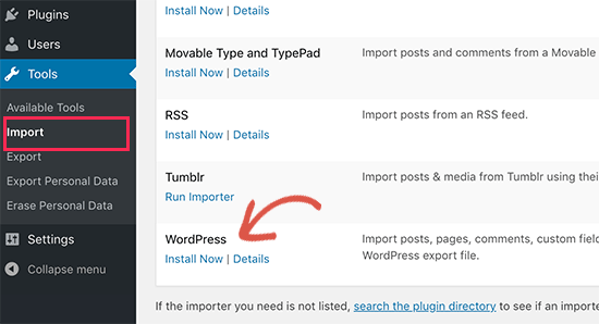 Установить импортер WordPress
