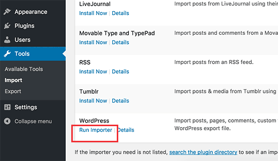 Запустить импортер WordPress