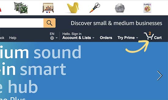 Amazon.com показывает значок корзины покупок