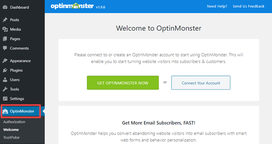 Подключите свою учетную запись OptinMonster к своему сайту WordPress