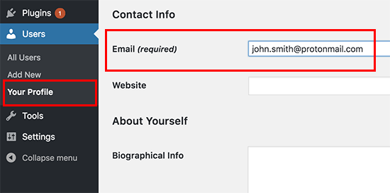 Измените адрес электронной почты в профиле автора