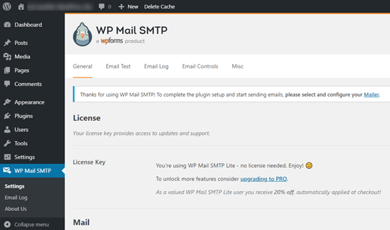 Страница настроек WP Mail SMTP в вашей панели управления WordPress