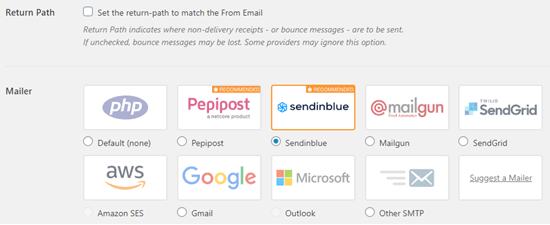 Выберите Sendinblue в качестве почтовой программы в WP Mail SMTP.