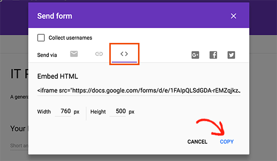 Скопируйте код встраивания Google Forms
