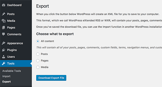 Скачать экспортный файл WordPress