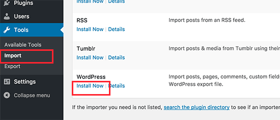 Установить импортер WordPress
