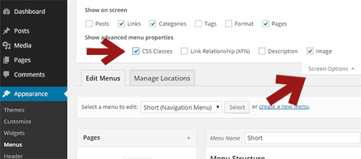 Включить опцию CSS-классы для меню навигации