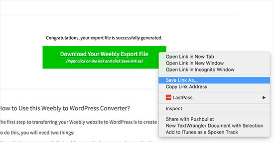 Загрузите файл экспорта Weebly
