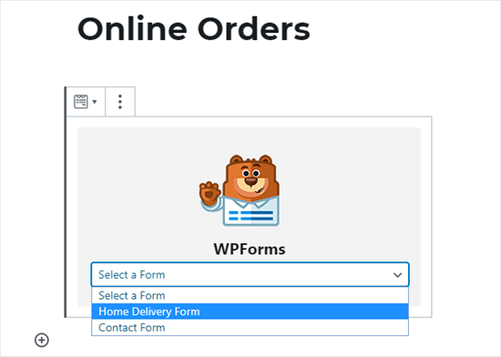 Выбор формы онлайн-заказа из раскрывающегося списка WPForms