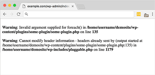 Пример ошибки в WordPress при упоминании файла pluggable.php