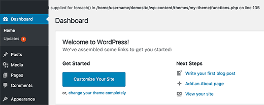 Ошибка в админке WordPress