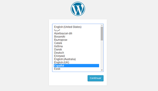 WordPress позволяет выбрать язык во время установки