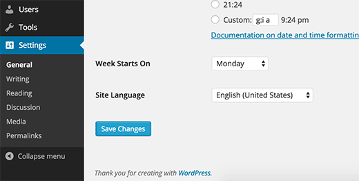 Установка и изменение языка в настройках WordPress