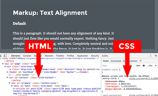 Панели HTML и CSS в окне проверки