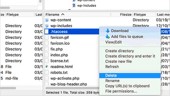 Удалить файл .htaccess в WordPress