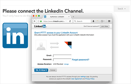Разрешите IFTTT доступ к вашей учетной записи LinkedIn