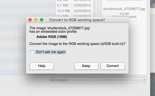 GIMP обнаруживает и предлагает преобразовать цветовое пространство
