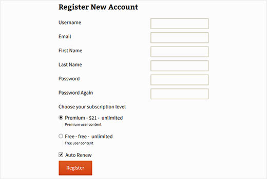 Страница регистрации с вашими уровнями подписки Restrict Content Pro