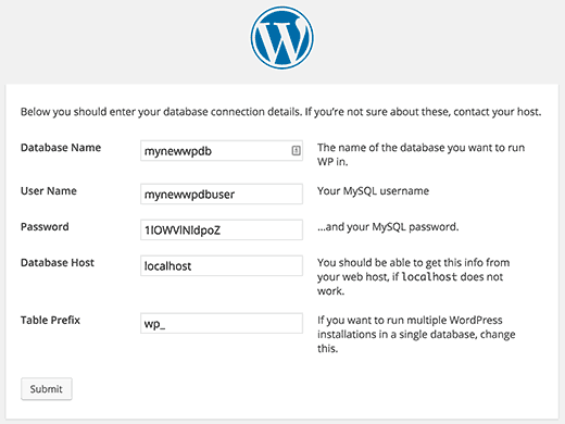 Шаг создания файла конфигурации во время установки WordPress