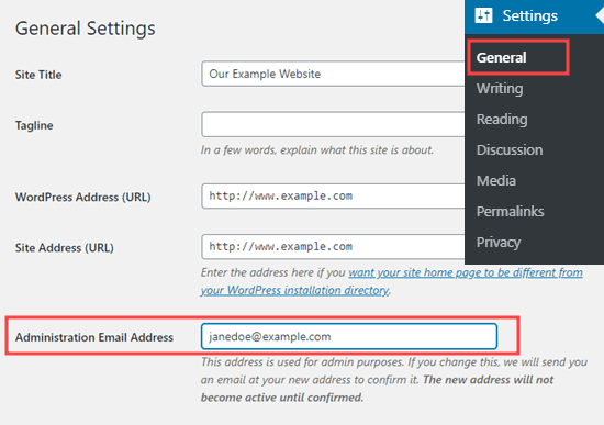 Проверка или изменение адреса электронной почты администратора WordPress