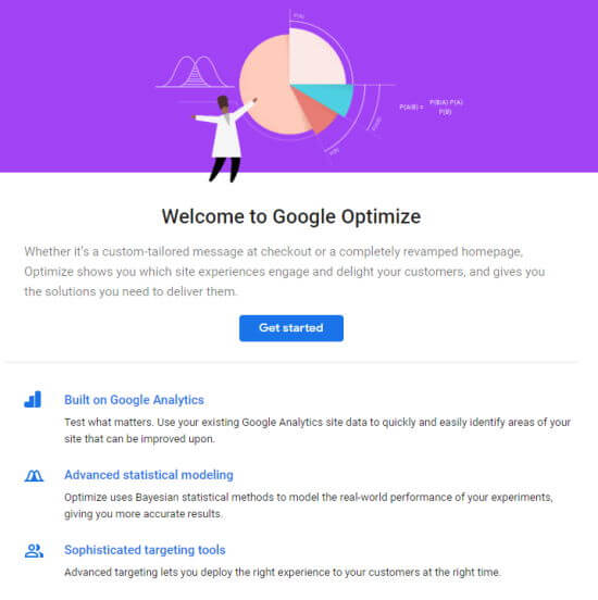 Страница приветствия для Google Optimize с кнопкой Начать