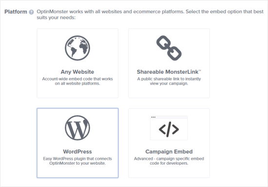 Выберите WordPress в качестве платформы для всплывающего окна с купоном.