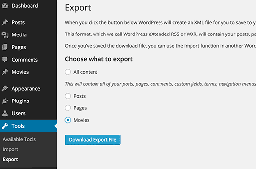 Экспорт произвольного типа записи в файл XML с помощью встроенного инструмента экспорта WordPress