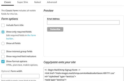 Скопируйте код вставки формы регистрации из MailChimp