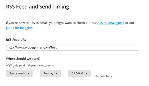 Введите URL-адрес RSS-канала и выберите время и частоту рассылки.