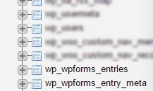Таблицы wp_wpforms_entries и wp_wpforms_entry_meta, показанные в списке phpMyAdmin