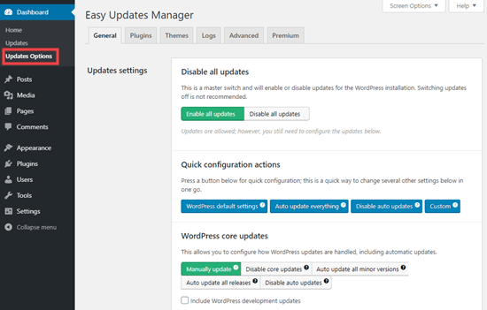 Настройка параметров плагина Easy Updates Manager