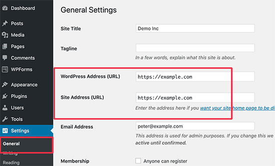 Измените URL-адреса сайтов WordPress в админке