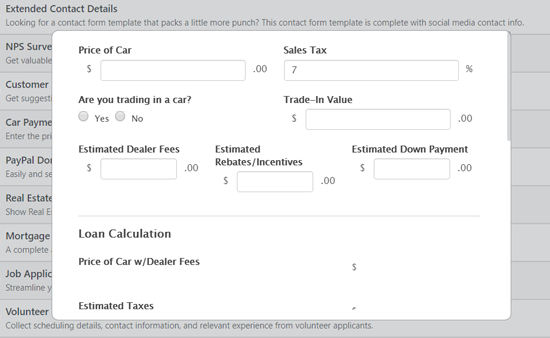 Предварительный просмотр формы калькулятора оплаты автомобиля WordPress