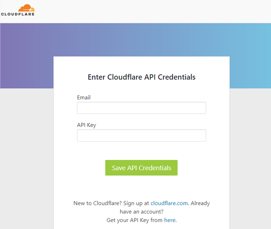 Введите форму учетных данных Cloudflare API