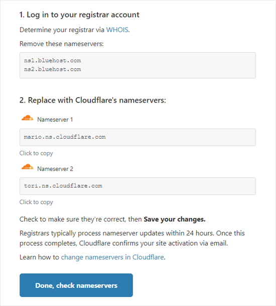 Страница серверов имен Cloudflare