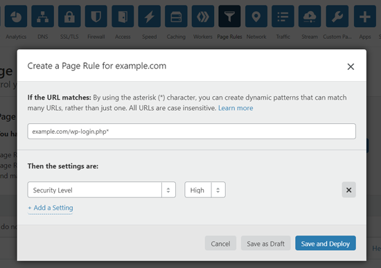 Создайте правило страницы для защиты страницы входа в WordPress на Cloudflare