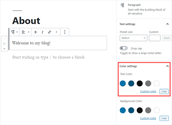 Выбор цвета текста для всего блока в WordPress
