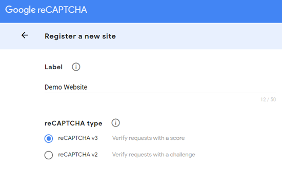 Зарегистрируйте новый сайт для Google reCAPTCHA