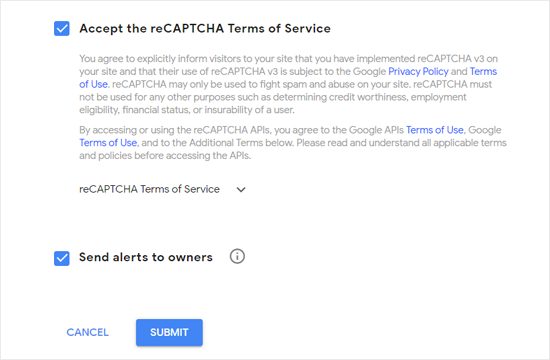 Примите Условия использования Google reCAPTCHA