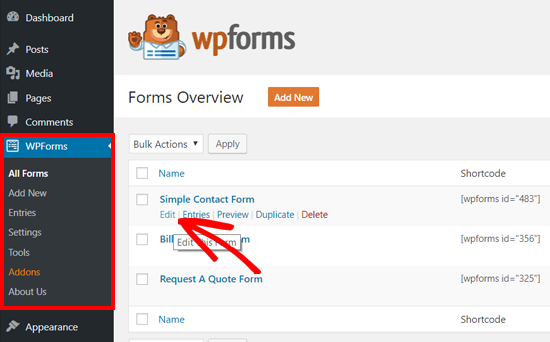 Редактировать форму, созданную с помощью WPForms