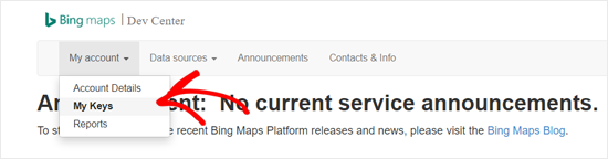 Bing Maps Dev Center Опция Мои ключи