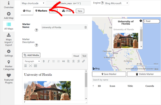 Добавить новый маркер для карты Bing в WordPress