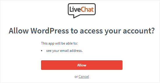 Разрешить WordPress доступ к учетной записи LiveChat