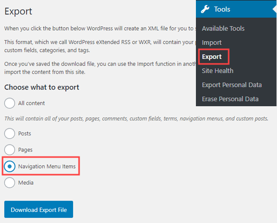 Параметр «Экспорт элементов меню навигации» в инструменте «Экспорт»