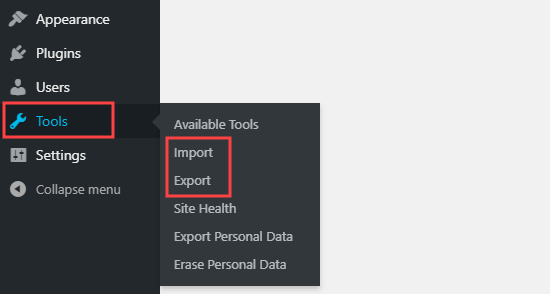 Параметры импорта и экспорта в меню Инструменты на панели инструментов WordPress.