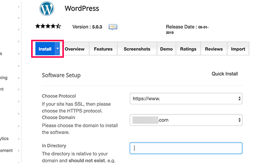 Щелкните вкладку установки, чтобы продолжить установку WordPress с помощью Softaculous.