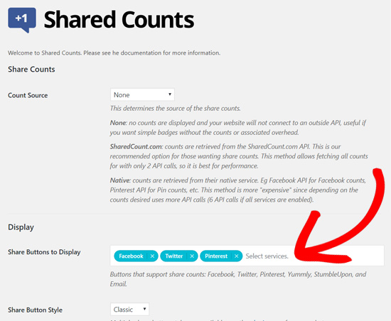 Плагин Shared Counts - выберите кнопки социальных сетей